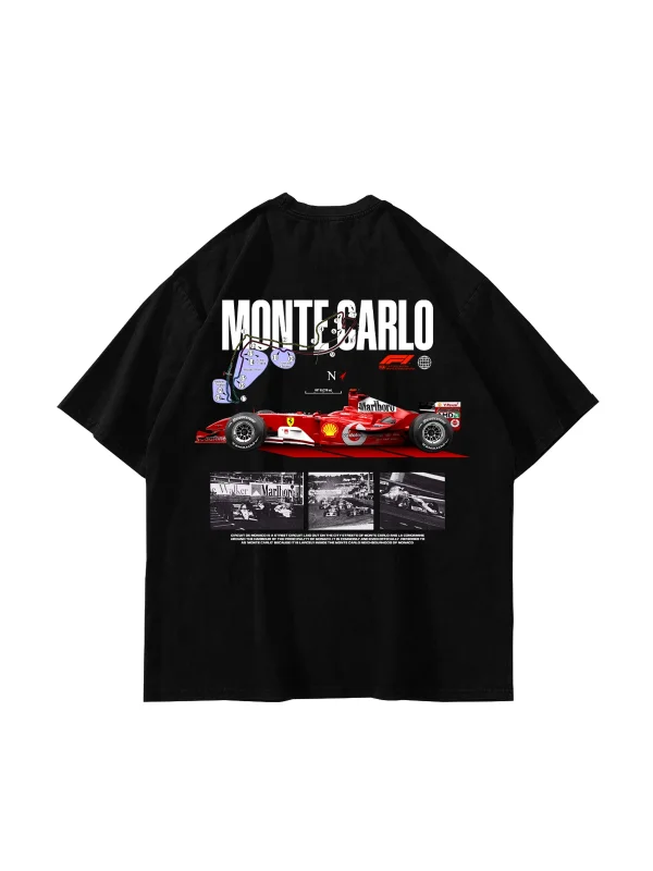Monte Carlo Car Baskılı Oversize Unisex Premium Siyah Tshirt