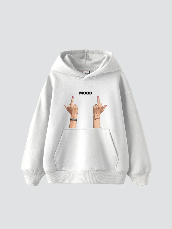 Mood Fu. Baskılı Oversize Unisex Beyaz Hoodie