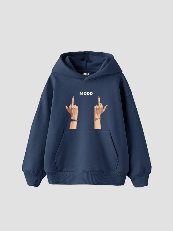 Mood Fu. Baskılı Oversize Unisex İndigo Hoodie
