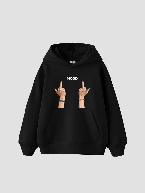 Mood Fu. Baskılı Oversize Unisex Siyah Hoodie