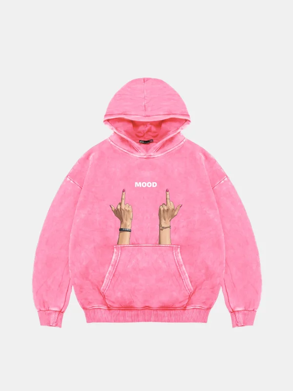 Mood Fu. Baskılı Oversize Unisex Yıkamalı Pembe Hoodie