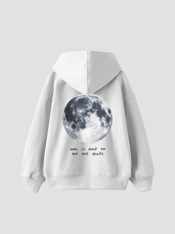 Moon İs Alone Baskılı Oversize Unisex Beyaz Hoodie