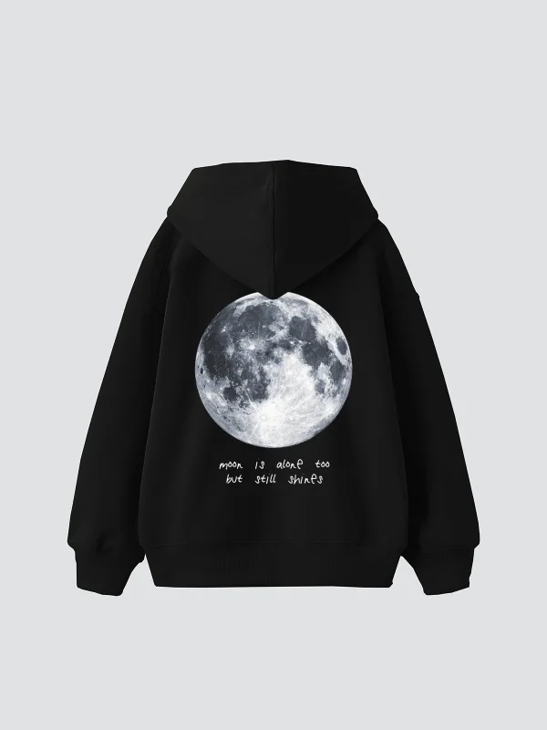Moon İs Alone Baskılı Oversize Unisex Siyah Hoodie