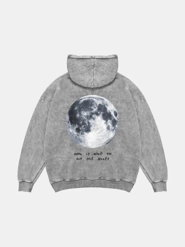 Moon İs Alone Baskılı Oversize Unisex Yıkamalı Beyaz Hoodie