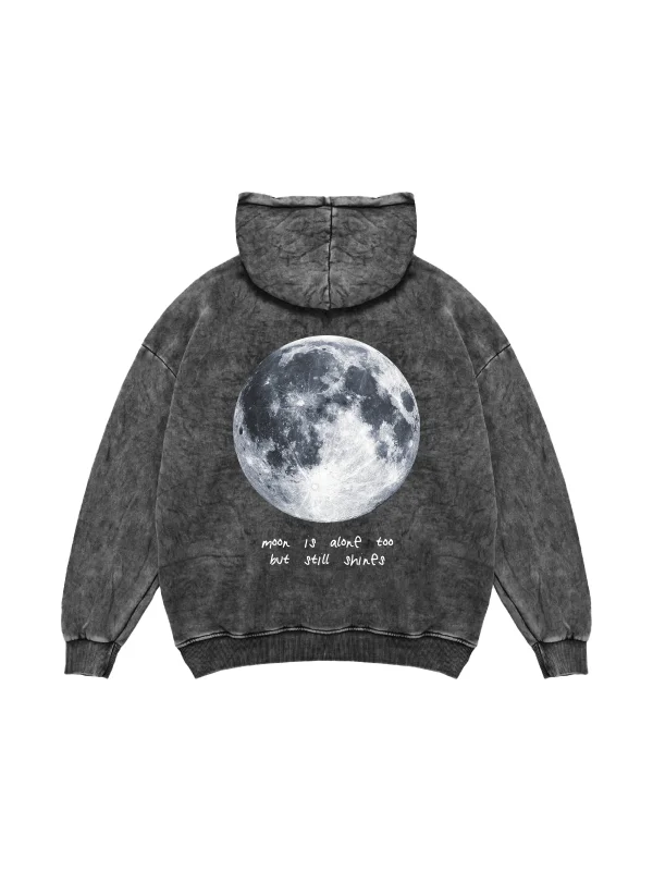 Moon İs Alone Baskılı Oversize Unisex Yıkamalı Siyah Hoodie