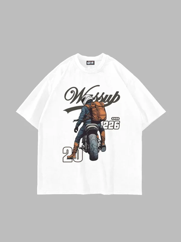 Moto Rider Baskılı Oversize Unisex Beyaz Tshirt