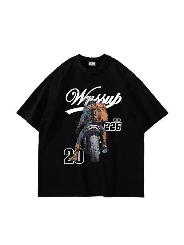 Moto Rider Baskılı Oversize Unisex Siyah Tshirt