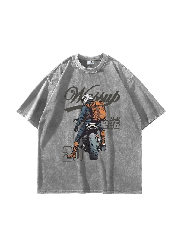 Moto Rider Baskılı Oversize Unisex Yıkamalı Beyaz Tshirt