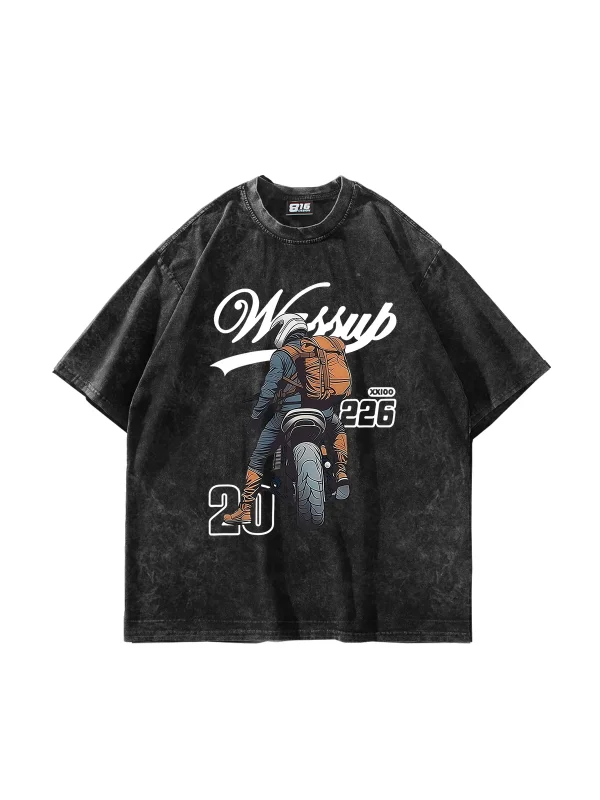 Moto Rider Baskılı Oversize Unisex Yıkamalı Siyah Tshirt