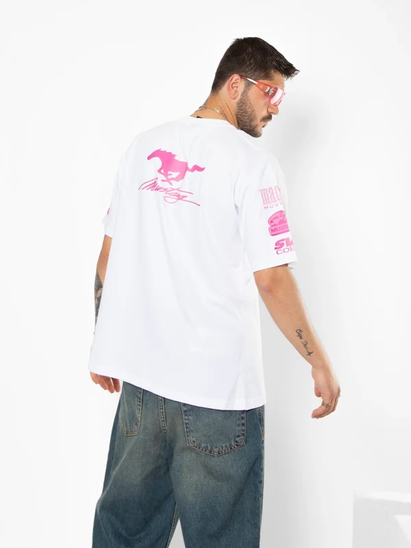 Mstng Baskılı Racing Oversize Unisex Beyaz Tshirt