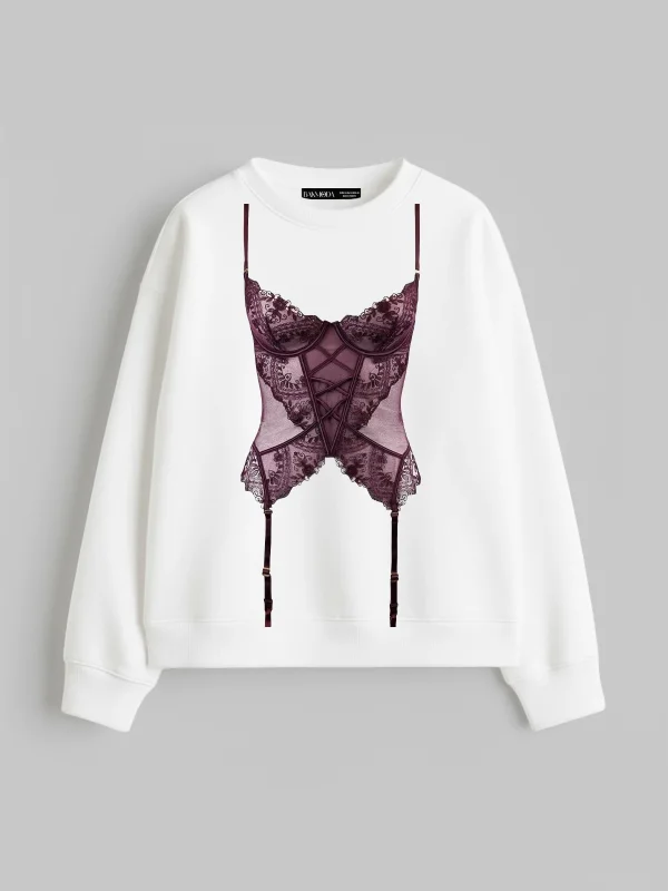 Mulberry Baskılı Kapüşonsuz Relaxed Fit Kadın Beyaz Sweatshirt