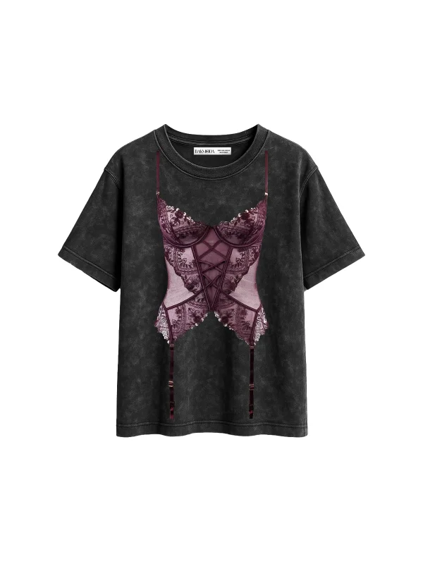 Mulberry Baskılı Relaxed Fit Yıkamalı Siyah Kadın Tshirt