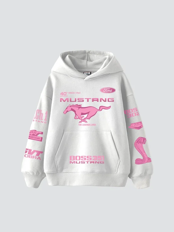 Mstng Baskılı Racing Oversize Unisex Beyaz Hoodie