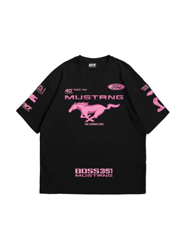 Mstng Baskılı Racing Oversize Unisex Siyah Tshirt