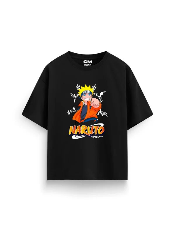 Naruto Baskılı Rahat Kalıp 30/1 Unisex Siyah Tshirt