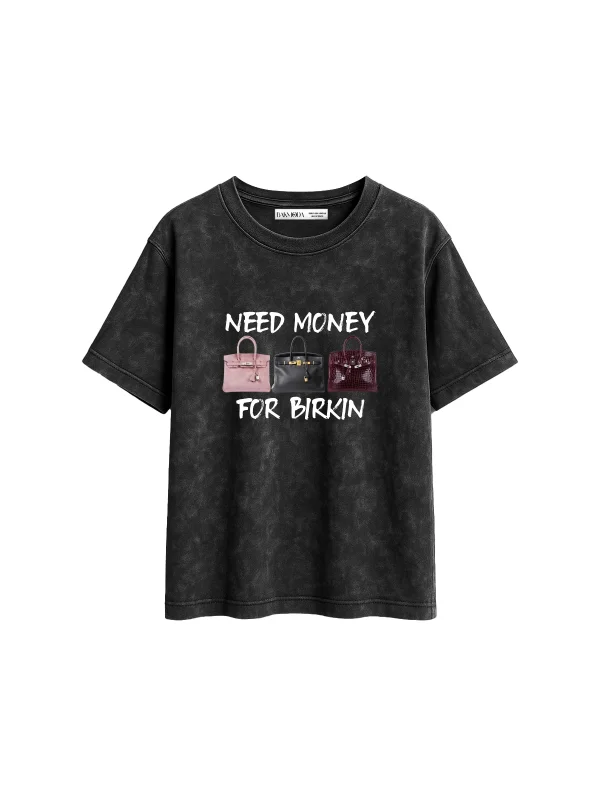 Need Money For B. Baskılı Relaxed Fit Yıkamalı Siyah Kadın Tshirt