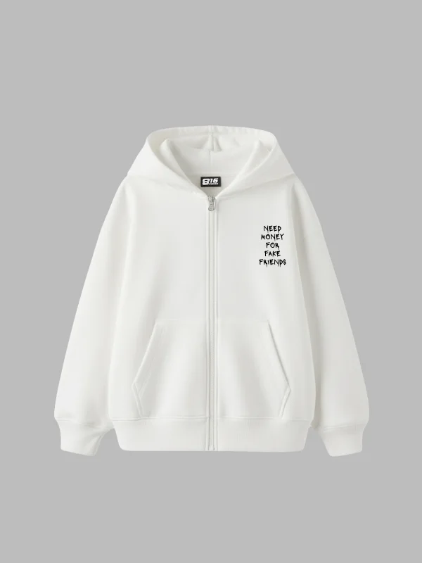 Need Money For Fake Friends Fermuarlı Zip Kapüşonlu Unisex Beyaz Sweatshirt