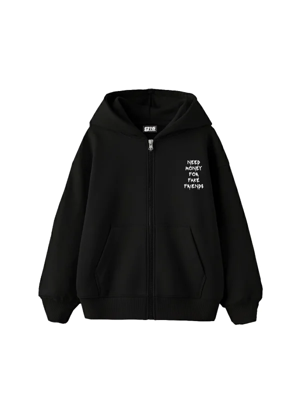 Need Money For Fake Friends Fermuarlı Zip Kapüşonlu Unisex Siyah Sweatshirt