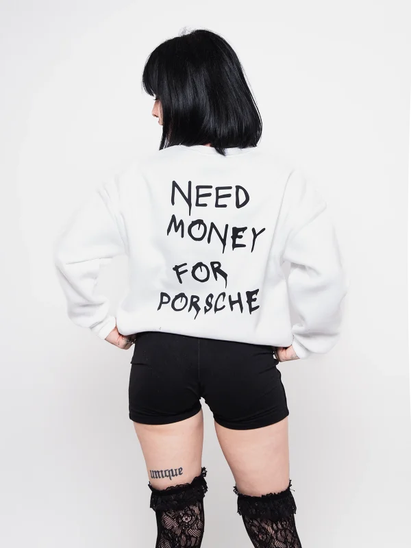 Need Money For Porsche Baskılı Kapüşonsuz Relaxed Fit Kadın Beyaz Sweatshirt