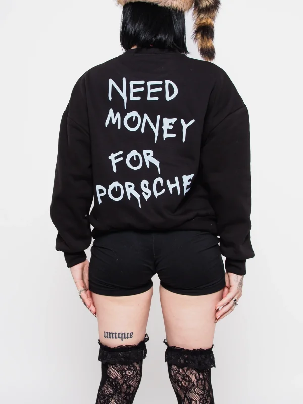 Need Money For Porsche Baskılı Kapüşonsuz Relaxed Fit Kadın Siyah Sweatshirt
