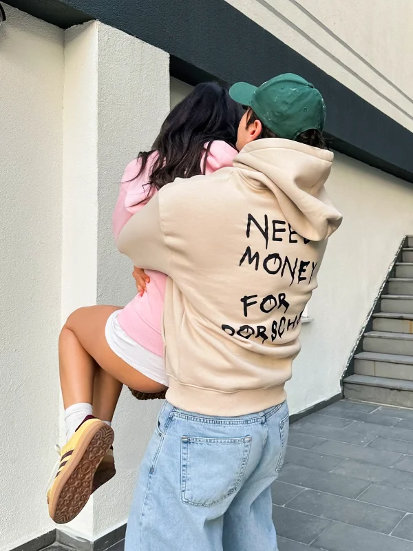 Need Money for Porsche Baskılı Oversize Unisex Bej Hoodie