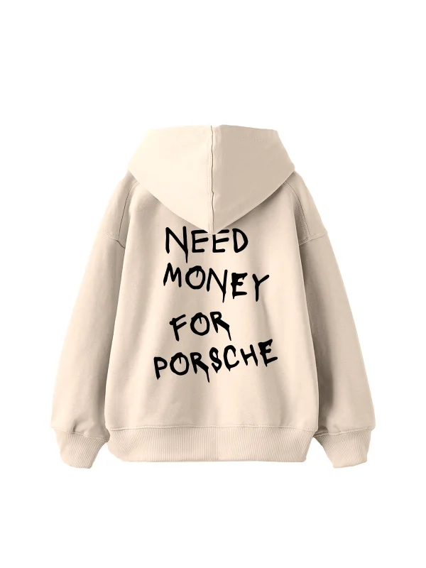 Need Money for Porsche Baskılı Oversize Unisex Bej Hoodie