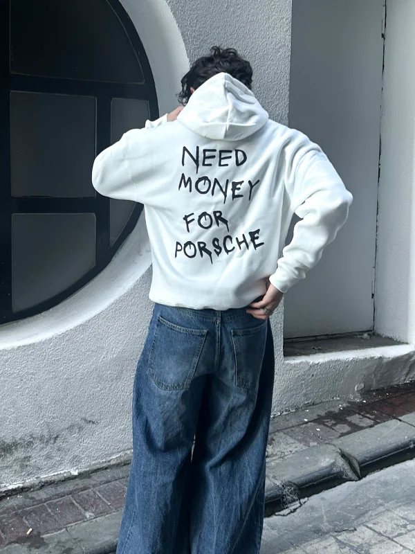 Need Money for Porsche Baskılı Oversize Unisex Beyaz Hoodie