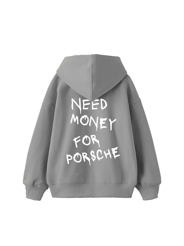 Need Money for Porsche Baskılı Oversize Unisex Gri Hoodie