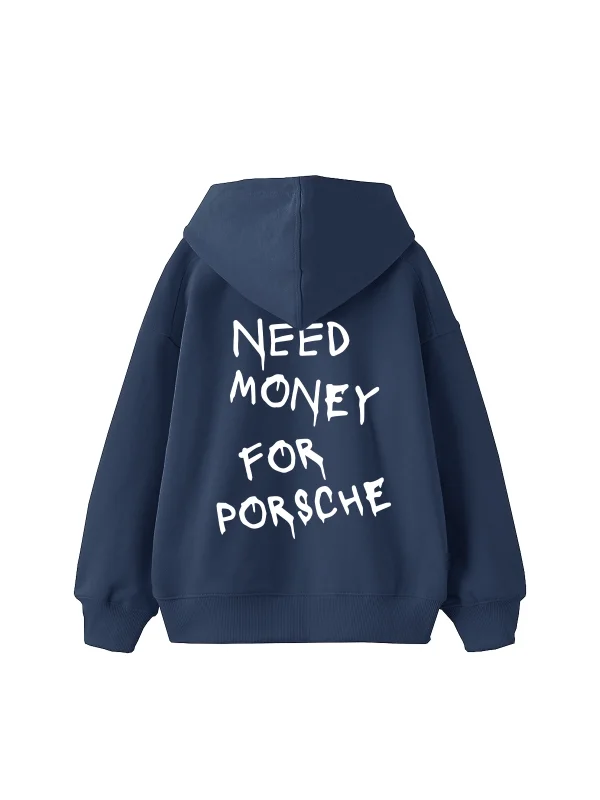 Need Money for Porsche Baskılı Oversize Unisex İndigo Hoodie