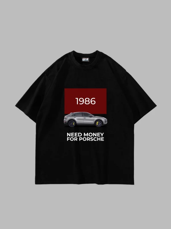 V2 Need Money For Porsche Baskılı Oversize Unisex Siyah Tshirt