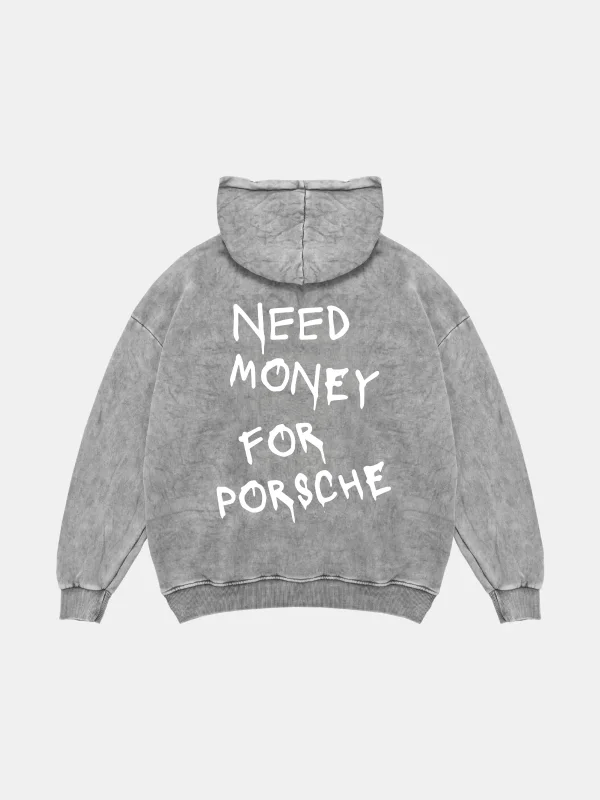Need Money For Porsche Baskılı Oversize Unisex Yıkamalı Beyaz Hoodie