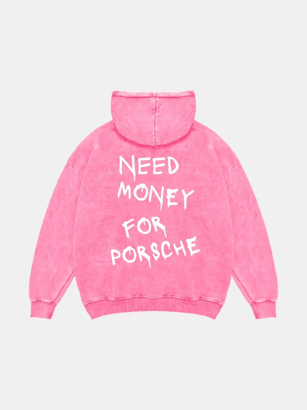 Need Money For Porsche Baskılı Oversize Unisex Yıkamalı Pembe Hoodie