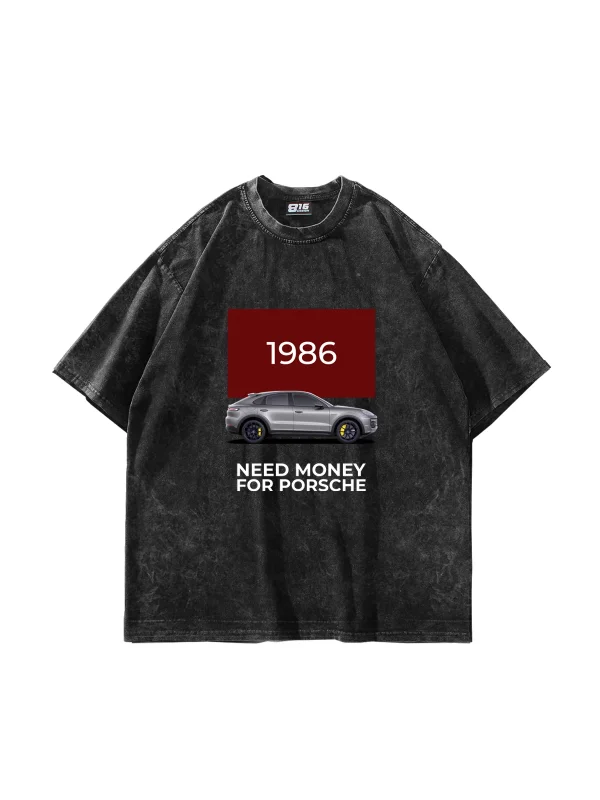 V2 Need Money For Porsche Baskılı Oversize Unisex Yıkamalı Siyah Tshirt