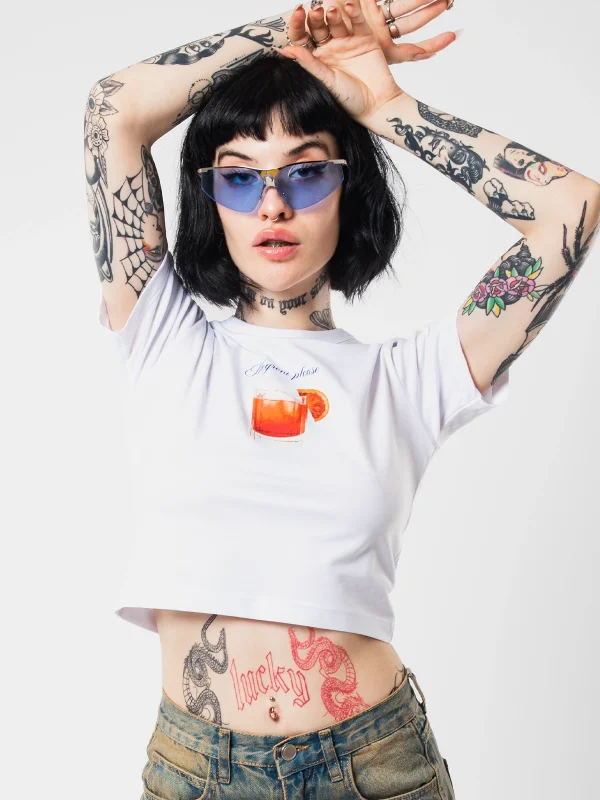 Negroni Baskılı Beyaz Crop Top