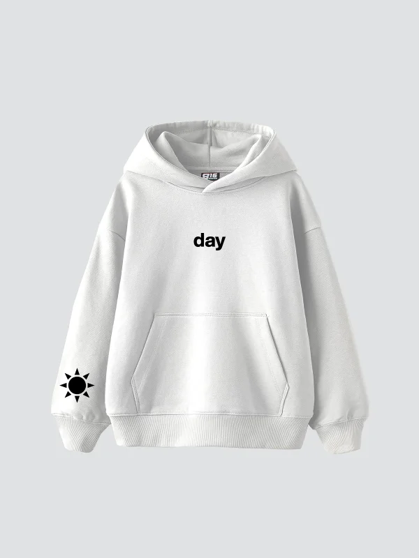 Day Night Baskılı Oversize Unisex Beyaz Hoodie
