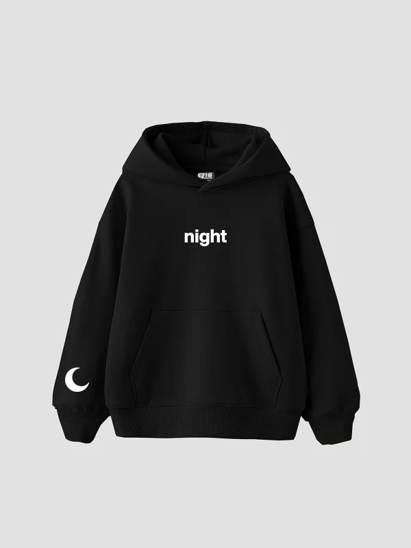 Day Night Baskılı Oversize Unisex Siyah Hoodie