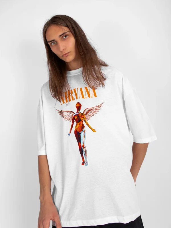 Nirvana Angel Baskılı Oversize Unisex Beyaz Tshirt