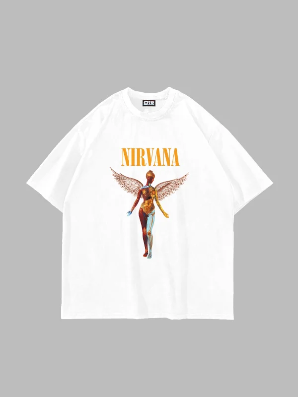 Nirvana Angel Baskılı Oversize Unisex Beyaz Tshirt