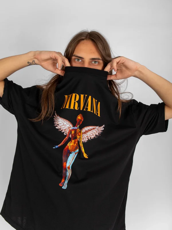 Nirvana Angel Baskılı Oversize Unisex Siyah Tshirt