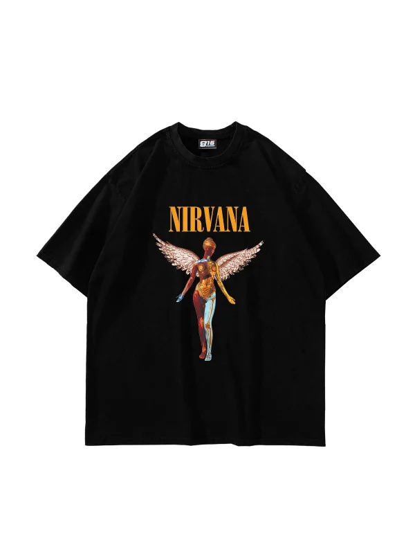 Nirvana Angel Baskılı Oversize Unisex Siyah Tshirt