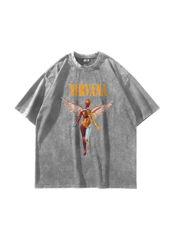 Nirvana Angel Baskılı Oversize Unisex Yıkamalı Beyaz Tshirt