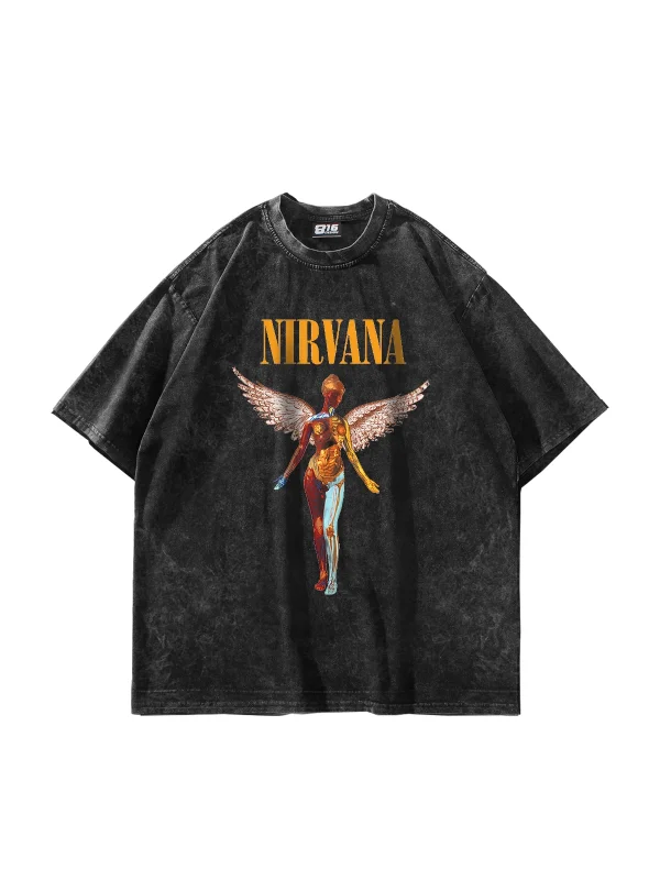 Nirvana Angel Baskılı Oversize Unisex Yıkamalı Füme Tshirt