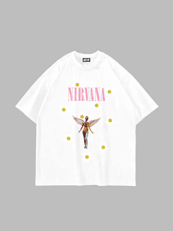 Nirvana Daisy Baskılı Oversize Unisex Beyaz Tshirt