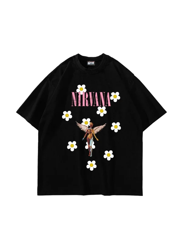 Nirvana Daisy Baskılı Oversize Unisex Siyah Tshirt