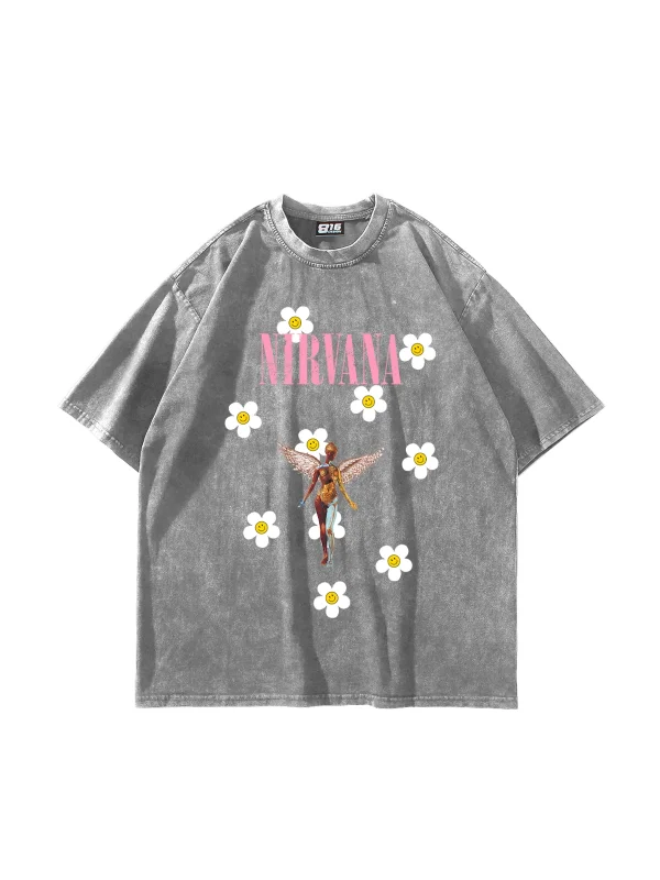 Nirvana Daisy Baskılı Oversize Unisex Yıkamalı Beyaz Tshirt