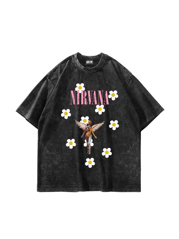 Nirvana Daisy Baskılı Oversize Unisex Yıkamalı Siyah Tshirt