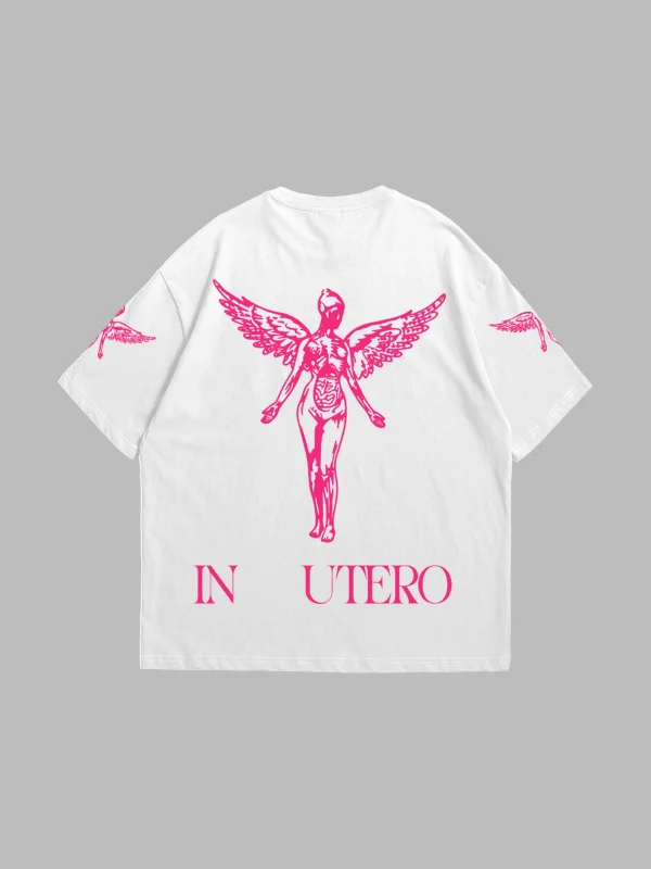 Nirvana In Utero Pembe Baskılı Oversize Unisex Beyaz Tshirt