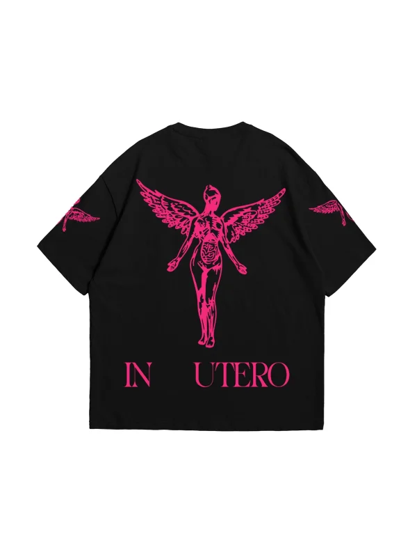 Nirvana In Utero Pembe Baskılı Oversize Unisex Siyah Tshirt