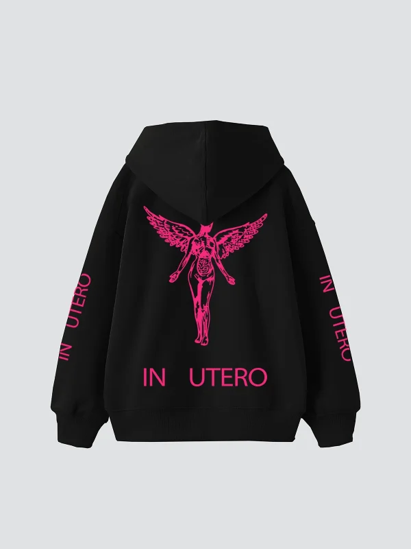 Nirvana In Utero Pembe Baskılı Oversize Unisex Siyah Hoodie