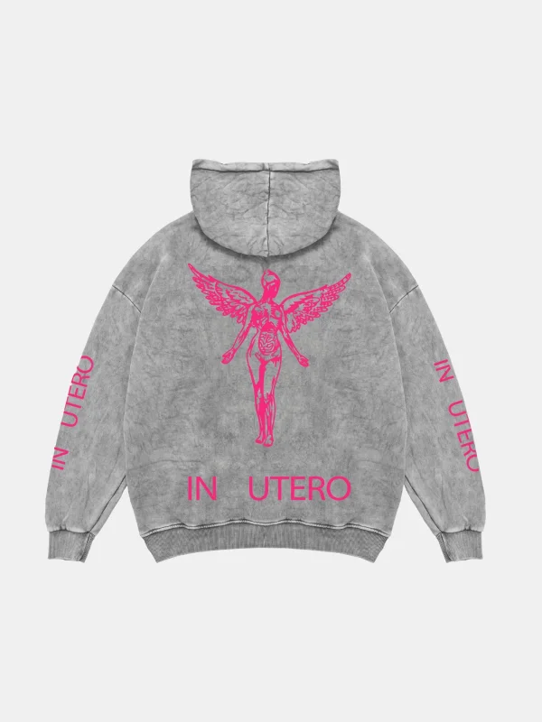 Nirvana In Utero Pembe Baskılı Oversize Unisex Yıkamalı Beyaz Hoodie